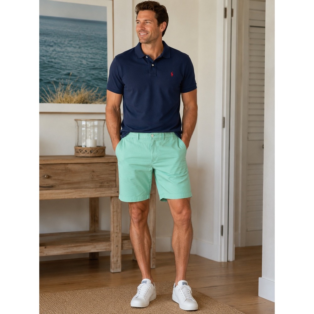 Polo Ralph Lauren Mens Green White Houndstooth Chino Shorts Size 35 Flat Front